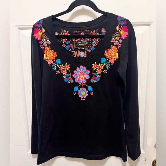 Johnny Was Tops - Johnny Was Black Embroidered Scoop Neck Long Sleeve Top Size M